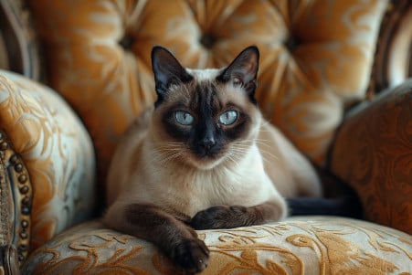 Sleek, short-coated Siamese cat resting on a plush chair with a calm, regal expression