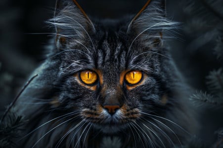 Closeup of a large Maine Coon cat with bright, glowing yellow eyes in a dimly lit environment