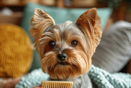 Realistic image of a Yorkshire Terrier with a long, flowing coat being brushed by an allergy-prone owner wearing a mask in a neat, organized home environment
