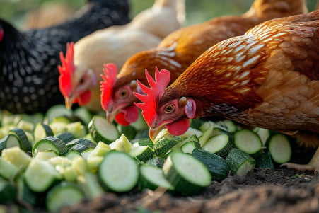 Group of curious chickens, including a Sussex Hen, pecking at chopped zucchini in a rustic farmyard