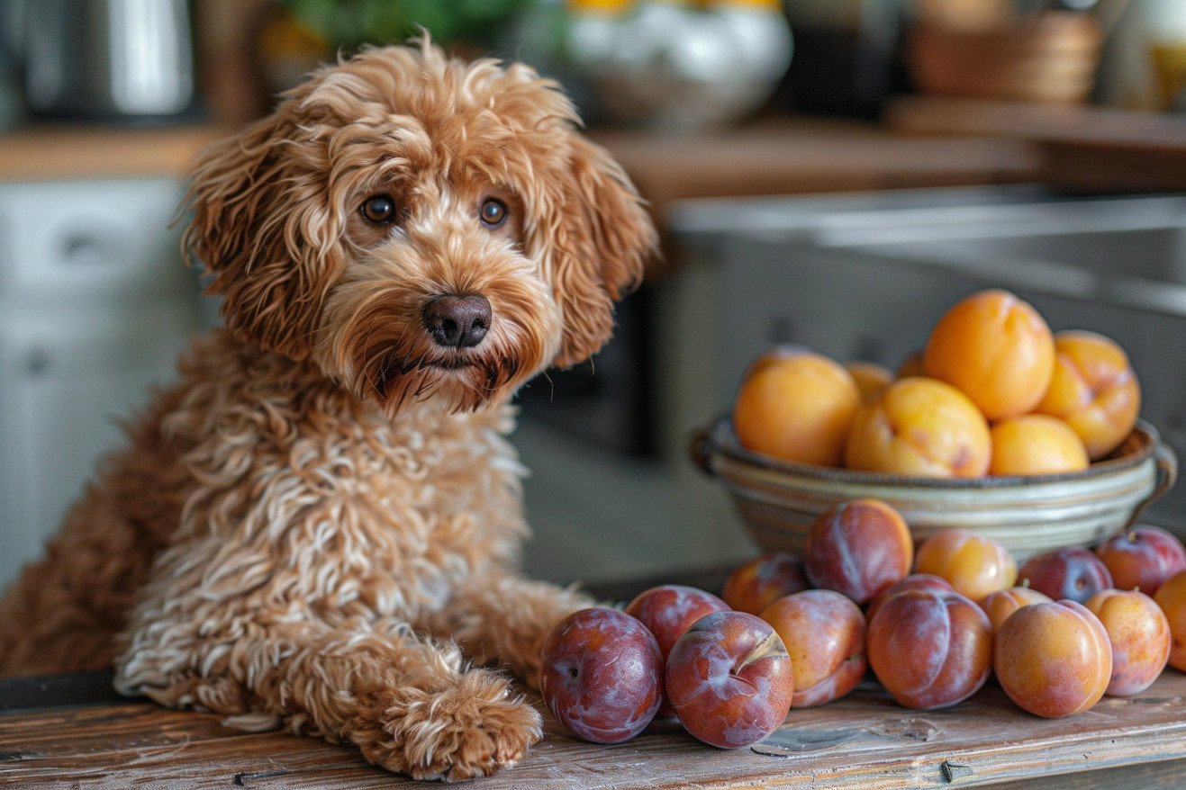 A Labradoodle with a shaggy, curly brown coat standing guard next to a small pile of plums on a kitchen counter