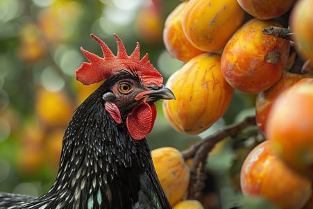 Australorp chicken with iridescent black feathers looking up at ripe papayas on a tree
