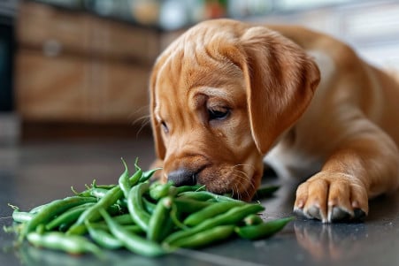 Labrador Retriever puppy sniffing at a pile of raw green beans on a kitchen floor