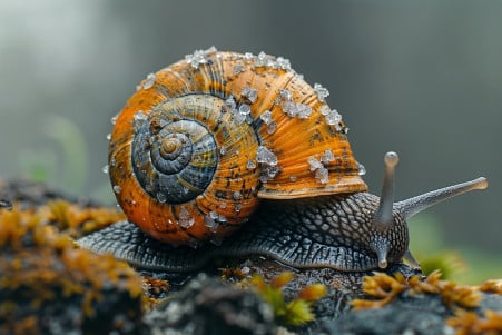 Close-up of a snail with a cracked, decaying shell, surrounded by salt crystals that are drawing moisture from its body