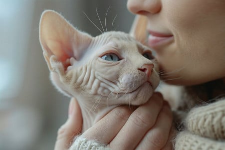 Close-up of a person gently petting a hairless cat with a contented expression