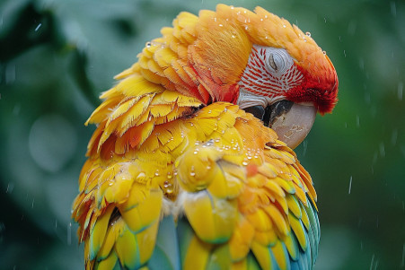 Detailed image of a medium-sized parrot aggressively preening its feathers, with small fleas visible on its neck and back
