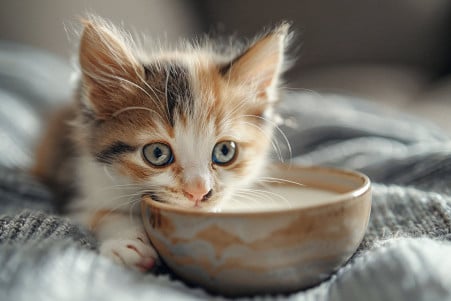 Close-up of a tiny calico kitten lapping up a bowl of diluted cow's milk with supplements