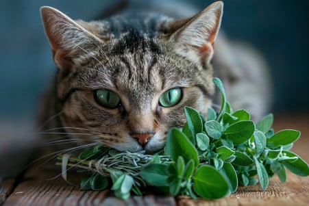 Tabby cat with bright green eyes sniffing a bundle of fresh sage on a wooden table