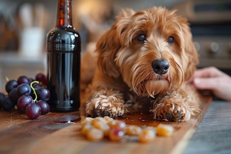 Worried Labradoodle sitting next to a spilled bottle of balsamic vinegar, with grape stems and raisins scattered around