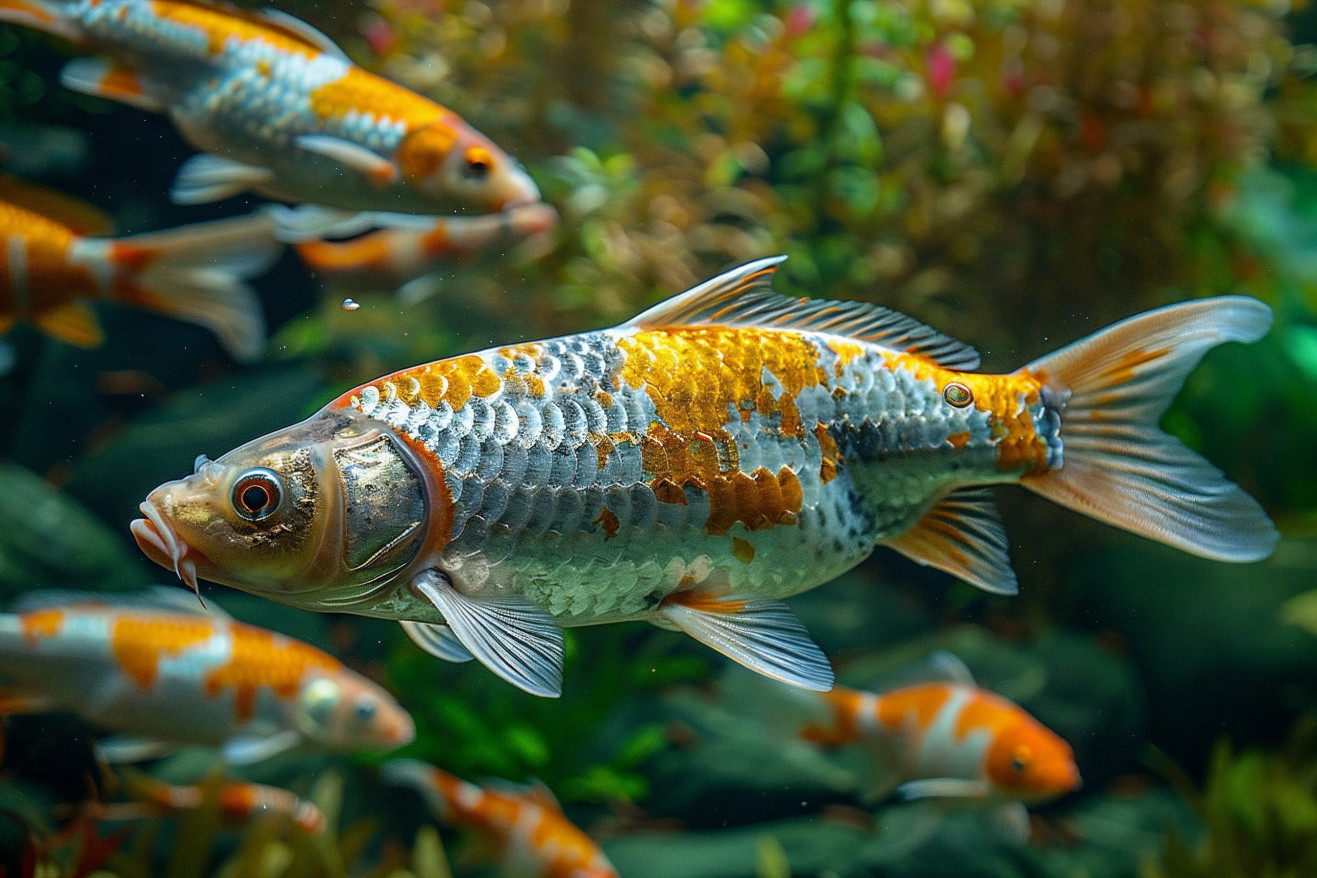 Group of orange, white, and yellow koi fish swimming together in a clear outdoor pond surrounded by river rocks and aquatic plants