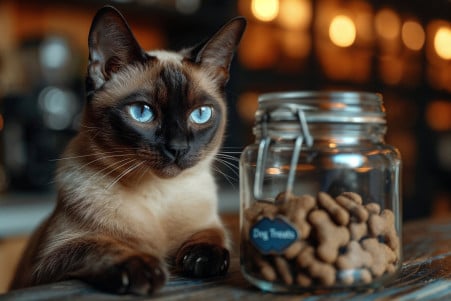 Siamese cat eyeing a jar of bone-shaped dog treats with a discerning look on a kitchen countertop