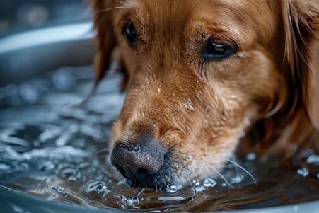 Golden Retriever drinking water from a clean, modern pet water fountain