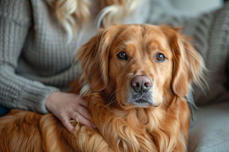 Woman's hands carefully inspecting the golden fur of a calm, fluffy golden retriever dog sitting on a couch in a cozy living room