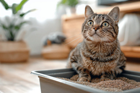 Tabby cat sitting on hardwood floor, staring intently at a litter box filled with clumping cat litter