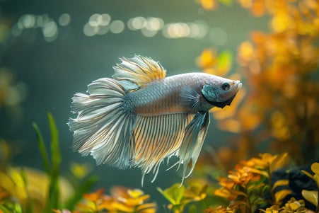 Portrait of an elderly betta fish with a mottled white and blue body floating peacefully in a well-planted aquarium