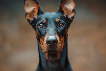 Close-up portrait of a sleek, muscular Doberman Pinscher with a short, shiny black coat and cropped ears, looking directly at the camera with an alert, intelligent expression