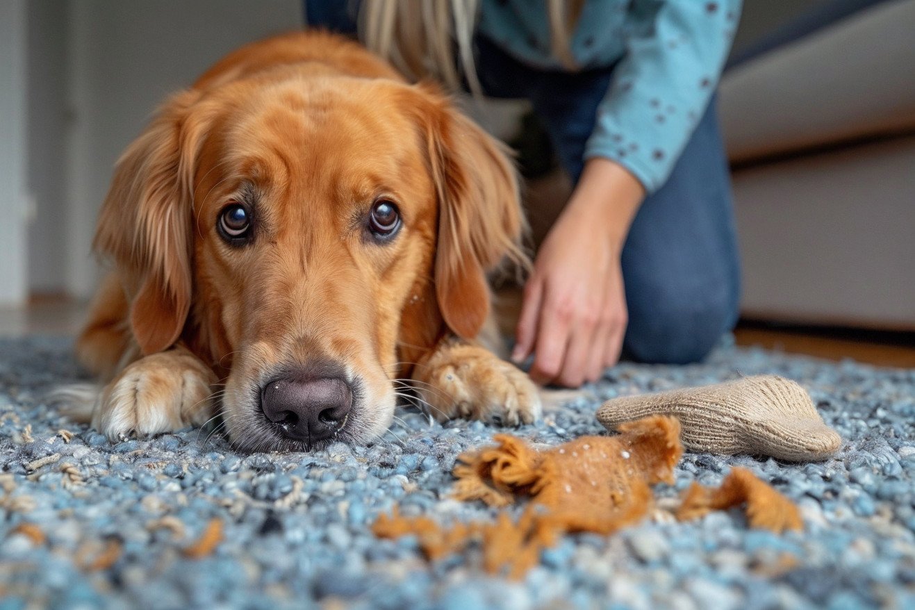Golden retriever with worried expression sitting next to a partially eaten sock, with its owner checking on the dog