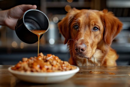Brown dog sitting patiently as owner pours low-sodium gravy over its dry dog food