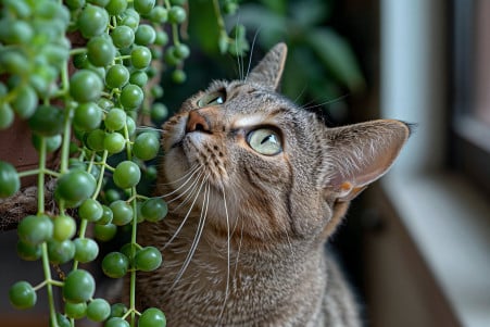 Tabby cat closely examining a hanging string of pearls plant, with a cautious expression