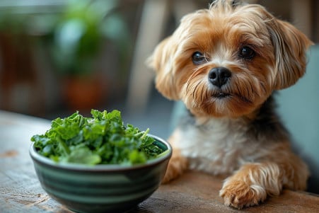 Relaxed Shih Tzu sitting by a bowl of chopped collard greens in a neat kitchen setting