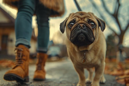 A Pug with a wrinkly face and curly tail being guided on a leash by its owner down a paved path in a suburban neighborhood