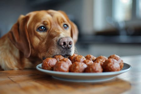 Labrador Retriever sniffing a plate of homemade meatballs on a kitchen table