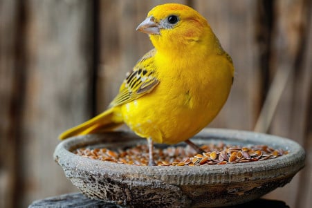Bright yellow canary perched on the edge of a bowl filled with flax seeds, looking curiously at the contents