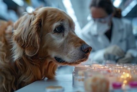 Golden retriever sniffing a petri dish filled with Clostridioides difficile bacteria samples on a laboratory counter, with a scientist in a white coat observing