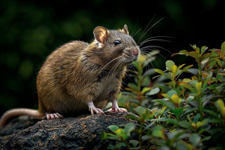Detailed photograph of a large, upright-sitting Norwegian rat with a thick tail and sharp teeth, surrounded by lush, green foliage