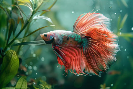 Portrait of a male betta fish with iridescent fins resting in a freshwater aquarium surrounded by plants