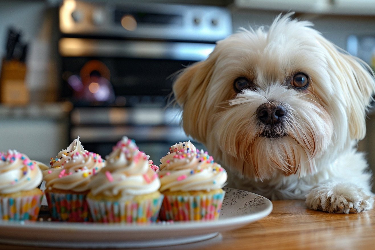 A fluffy white Shih Tzu dog sitting on a kitchen counter, looking at a plate of colorful cupcakes