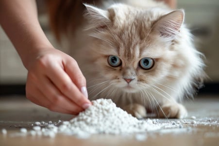 Persian cat sniffing at a pile of baking soda on the kitchen floor, with the owner's hand reaching in