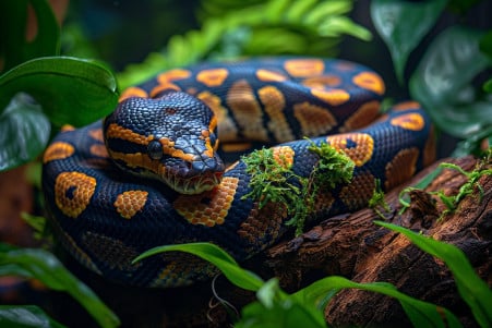 Close-up portrait of an adult ball python with a rich, black and orange-brown pattern, resting coiled in a naturalistic terrarium setup