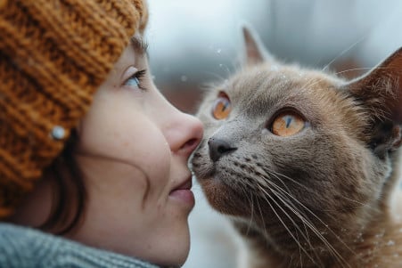 Burmese cat with golden eyes staring up at a person, its nose close to the person's mouth