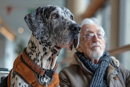 A fawn-colored Great Dane wearing a service dog harness standing beside an elderly person using a walker in a bright indoor space