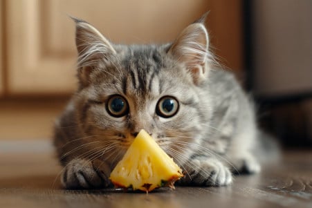 Siberian cat cautiously pawing at a pineapple slice on the floor, with a slightly worried expression