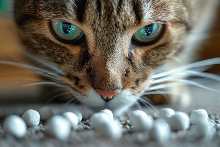Tabby cat sniffing at a pile of mothballs with a concerned expression