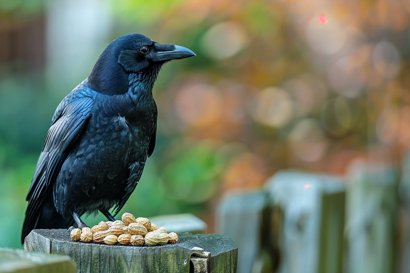 A glossy black crow with iridescent feathers perched on a fence, eyeing a handful of peanuts on the ground