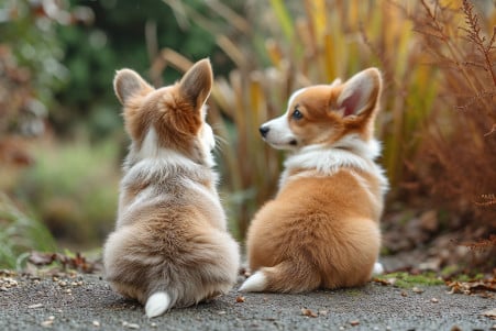 Two Corgi puppies outdoors, one with a short tail and the other with a long tail, looking back at their tails