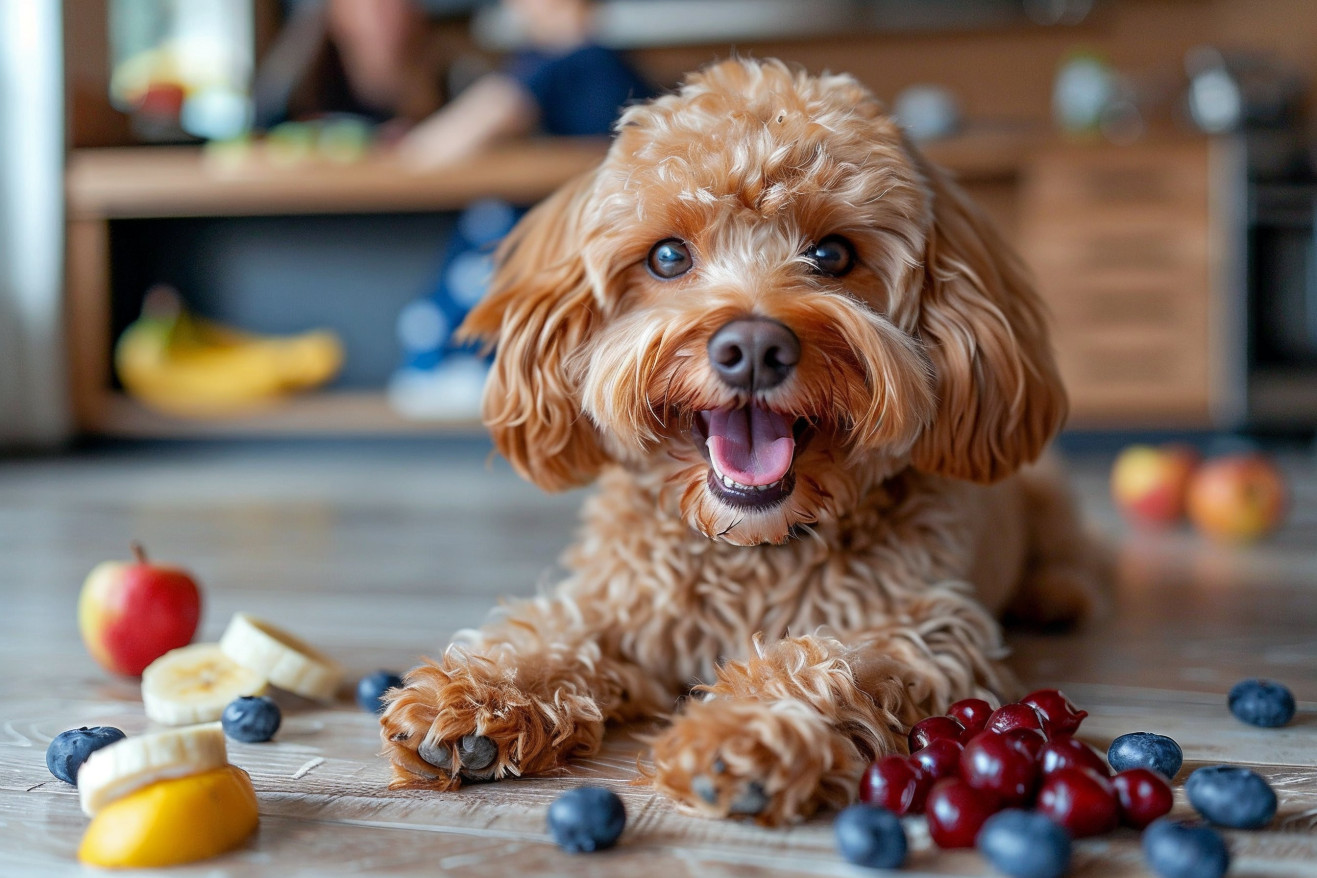 Labradoodle licking its chops as fresh blueberries, apple slices, and banana chunks are scattered around it