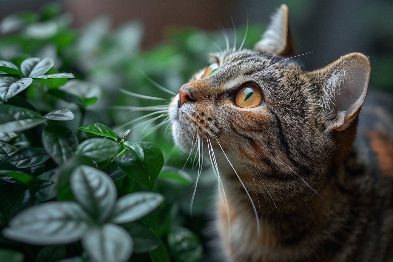 Tabby cat with orange and black stripes sniffing a silvervine plant