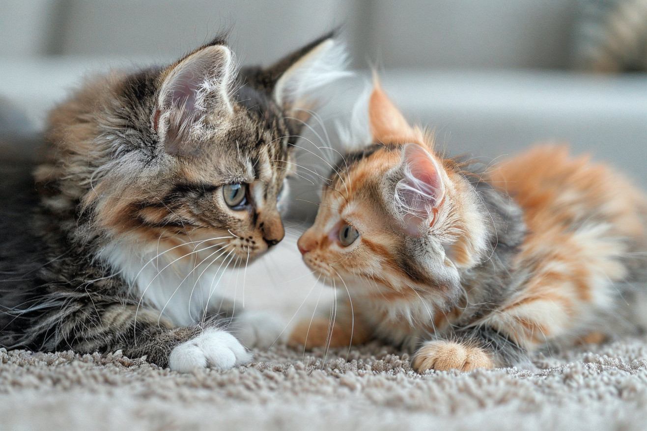 Two Maine Coon cats, one larger tabby cat biting the neck of a smaller calico cat on a carpeted floor