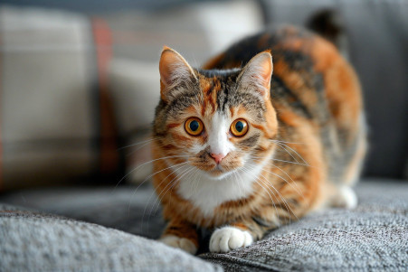 Calico cat with fur standing up and arched back in a defensive posture, in a warm living room setting