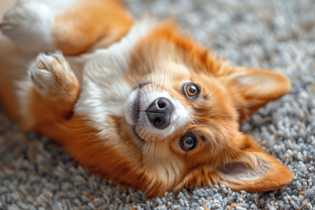 Mischievous corgi dog rolling on its back on a living room carpet, looking up with a pleading expression