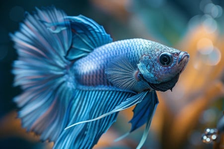 Close-up portrait of a vibrant blue Betta fish with dramatically flared fins, illuminated by soft studio lighting