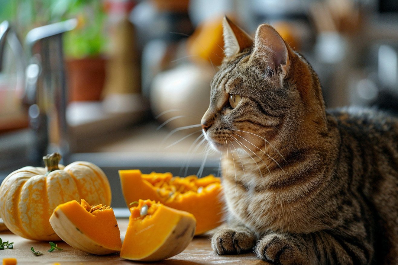 Tabby cat sitting next to a slice of butternut squash on a kitchen counter, examining the squash with interest