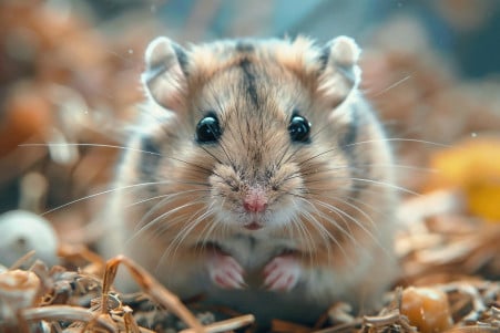 Sleek, agouti-patterned dwarf hamster nestled in a cozy glass habitat