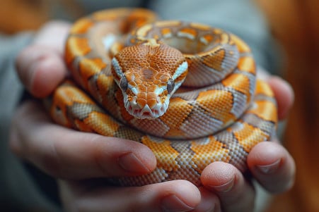 Calm, coiled Ball Python resting its head on the hand of a caring owner