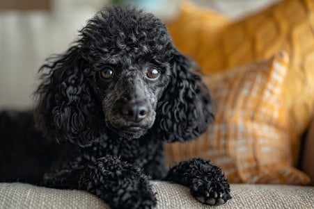 A Standard Poodle with a thick, curly black coat sitting calmly on a couch in a cozy living room