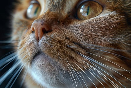 Detailed close-up of a domestic shorthair cat's face, highlighting the texture and placement of its whiskers